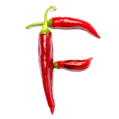 Fotobehang English alphabet made of chili peppers on white background. Font made of hot red chili pepper isolated - letter F. © Marina Dobryakova