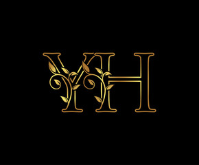 Classy Gold letter Y and H, YH, VINTAGE decorative ornament emblem badge, wedding  logo, classy letter logo icon.