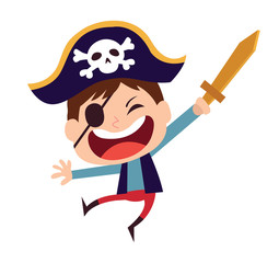 Cute little pirate kid vector cartoon character. Kid in halloween costume. - obrazy, fototapety, plakaty