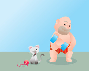 Funny vector illustration of fat bald man doing excercising with dumbbells. Concept of Strong healthy fat man. cartoon get feel better