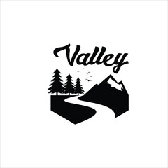 river valley logo black pine tree silhouette with mountain illustration for design inspiration