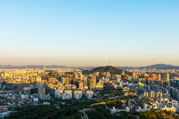 panoramic view of the city Seoul South Korea City Skyline with seoul tower.