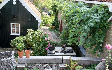 Idyllischer Garten mit Holzhütte und Blumen  - 292529999