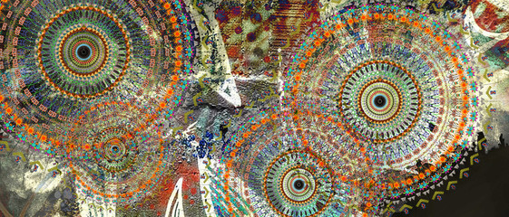 mandala colorful vintage art, ancient Indian vedic background design, old painting texture with multiple mathematical shapes