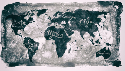 World map in old retro style on grunge background with lettering