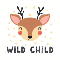 Hand drawn vector illustration of a cute funny deer face, with stars, lettering quote Wild child. Isolated objects on white background. Scandinavian style flat design. Concept for children print.