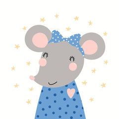 Hand drawn portrait of a cute cartoon mouse in shirt and headscarf, with stars. Vector illustration. Isolated objects on white background. Scandinavian style flat design. Concept for children print.