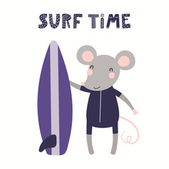 Hand drawn vector illustration of a cute mouse in summer, with surfboard, lettering quote Surf time. Isolated objects on white background. Scandinavian style flat design. Concept for children print.