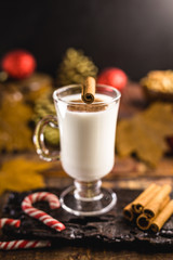 Eggnog with cinnamon for Christmas and winter holidays. Typical Christmas drink. Space for text and selective focus.