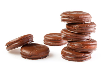 Chocolate Covered Marshmallow Biscuits. Isolated on white background . There is some free space for your text or sign.