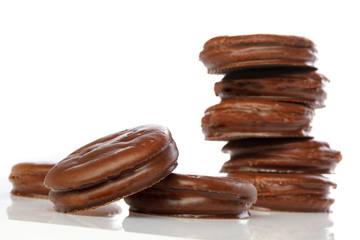 Chocolate Covered Marshmallow Biscuits. Isolated on white background . There is some free space for your text or sign.