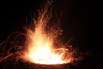 Bonfire close-up shot on a long exposure on a dark background.