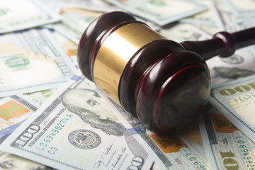 Judges Or Auctioneer Gavel On The Dollar Cash Background, Top View, Close-Up. Concept For...