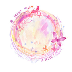 Watercolor abstract round composition with pink butterflies. Fantasy mirror-like concept, decorative background