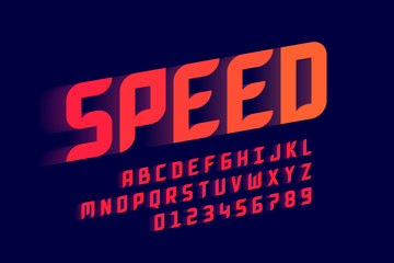 Fototapeta na wymiar Speed style sport font, alphabet letters and numbers
