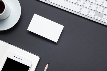 Office desk table with supplies. Flat lay Business workplace and objects. Top view. Copy space for text