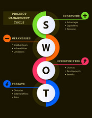 Swot analysis evolution chart with explanations and main objectives - project management tools
