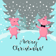 Naklejka premium Cheerful couple pink pigs celebrate christmas, walk under snow. Vector cartoon drawing