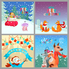 Set of winter Christmas cards. Four different vector designs