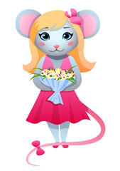 Vector illustration of a mouse for calendar or international woman's day greeting card. Spring mouse with flowers in hands isolated on white background.