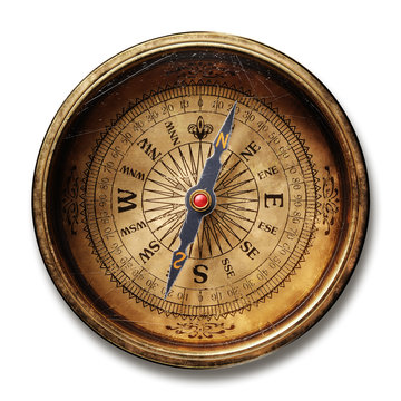 Vintage brass compass isolated on white background