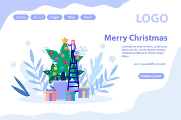 Naklejka premium New Year celebrating, Christmas greeting, decorated palm tree.Flat vector illustration isolated on white background. Can use for web banner, infographics, web page.