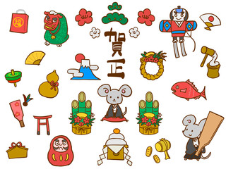 Naklejka premium 年賀状素材 詰め合わせ かわいい イラスト