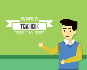 World Teachers Day, a male teacher with writing, green background