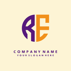 initial letter RE logo purple, orange. Monogram Vector Logo