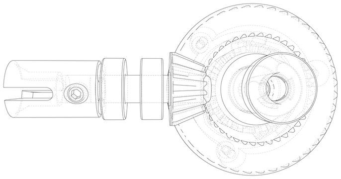 Inside view on gearbox cross section with gears and shafts. Wire-frame. EPS10 format. Vector created of 3d.