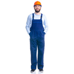 Naklejka premium Man worker builder with helmet on white background isolation