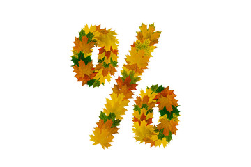 Percent sign from green, yellow and orange autumn maple leaves isolated on white background