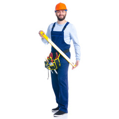 Man worker builder with helmet and tool belt, building level on white background isolation