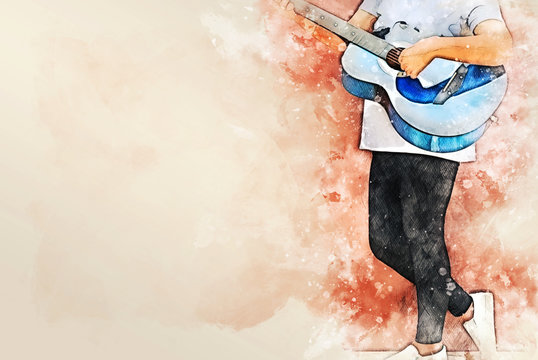 Abstract colorful shape on playing acoustic guitar on watercolor illustration painting background.