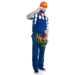 Man worker builder with helmet and protective glasses, tool belt on white background isolation