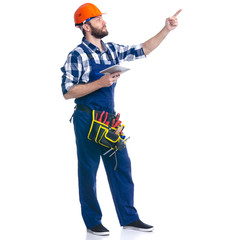 Man worker builder with helmet and tool belt, notebook, pen on white background isolation