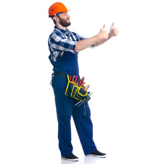 Man worker builder with helmet and tool belt on white background isolation
