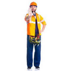 Man worker builder with helmet and tool belt on white background isolation