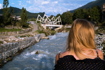 Modern futuristic bridge in Mestia Svaneti Georgia, country in Caucasian mountains
