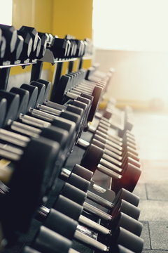 dumbbells of different weights in the gym