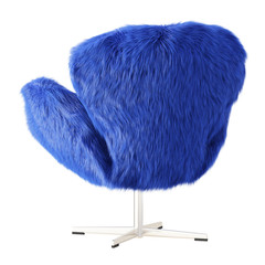 Beautiful blue fluffy armchair made of wool back view on an isolated background. 3D rendering