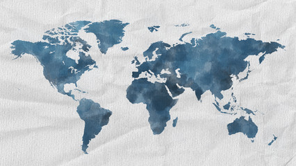 Watercolor world map blue with paper textur	
