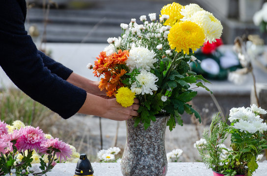 Woman organize flowers in a vase on a tombstone - all souls day preparing in the cemetery