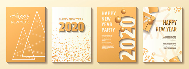 Set of Flyer, poster, banner, brochure design templates for Happy new year 2020. White and gold collors. Christmas balls, abstract christmas tree, snowflakes, gift box. Perfect for invitation, card.