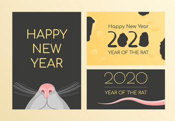 Set of cards, postcards, flyers, brochures or posters for Happy new year of the rat 2020 with mouse and cheese. Funny vector illustration in a flat style.
