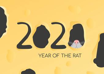 Poster design for Year of the rat with cheese and mouse. Happy New year 2020. Vector illustration for banner, poster, card, postcard, calendar, cover.