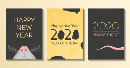 Set of cards, postcards, flyers, brochures for Happy new year of the rat 2020 with mouse and cheese. Funny vector illustration in a flat style.