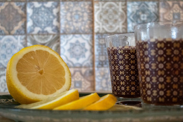 lemon and two cups of tea