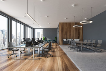 Gray and wooden panoramic office, conference room