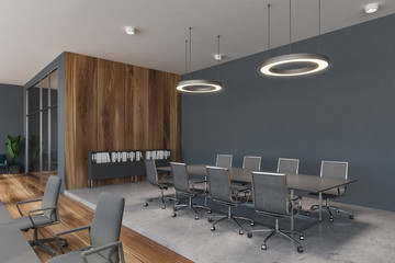 Gray and wooden conference room corner